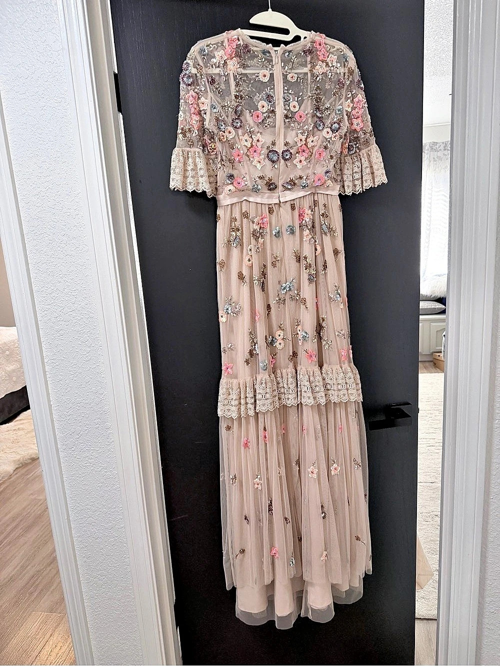 Needle & Thread Rosette Lace Trimmed Embellished Tulle Gown Floral Maxi Dress in
